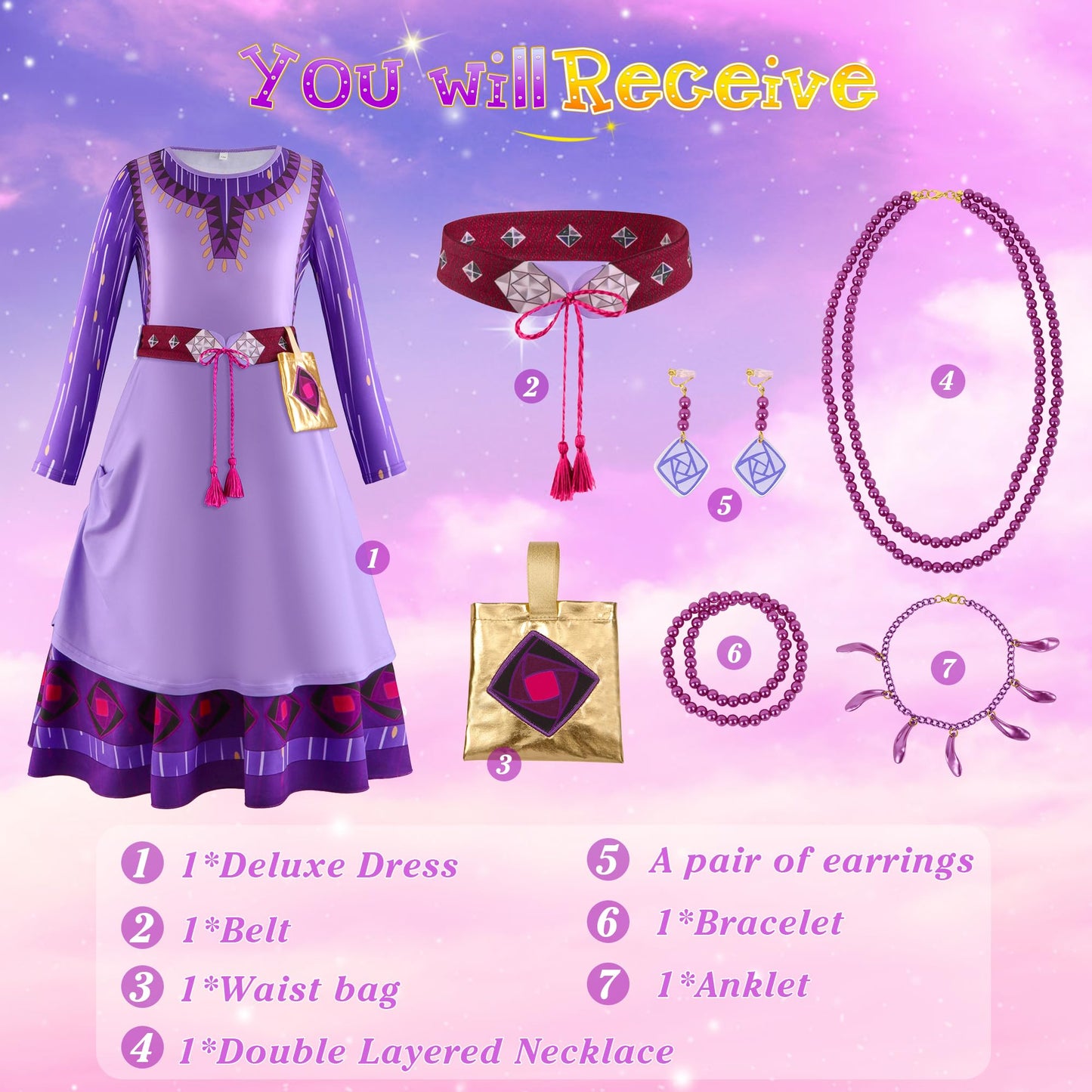 Vermeyen Wish Asha Costume Dress For Girl,Princess Costume Kids Dress Halloween Christmas Costume Cosplay Party Outfit 140