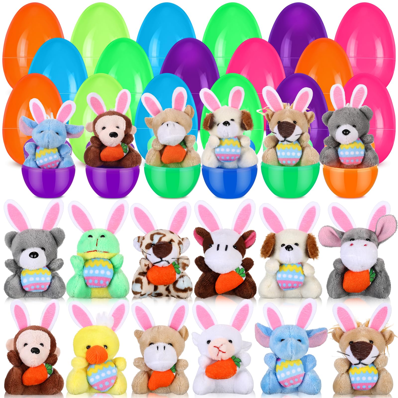 Lunmon 12 Pcs Prefilled Easter Eggs Filled with Mini Plush Animal Toys for Kids Baster Stuffer Filler Stuffed Animals with Carro