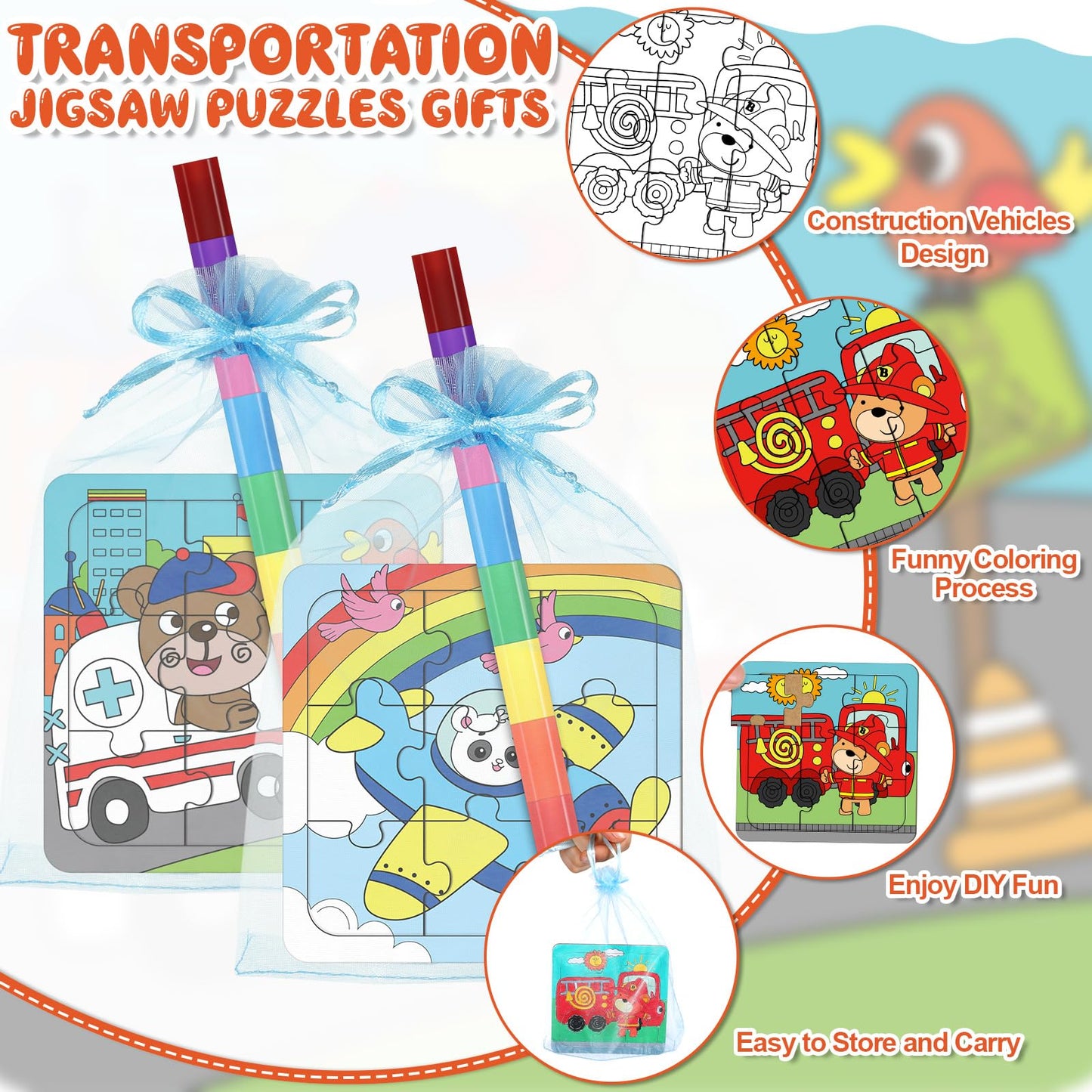 Fullhawl 12 Sets Transportation Puzzles Traffic Theme Color Your Own Puzzles DIY Construction Jigsaw Craft with 12 Stackable Crayons and 12 Bags for Construction Gifts Birthday Party Supplies(12  Car)