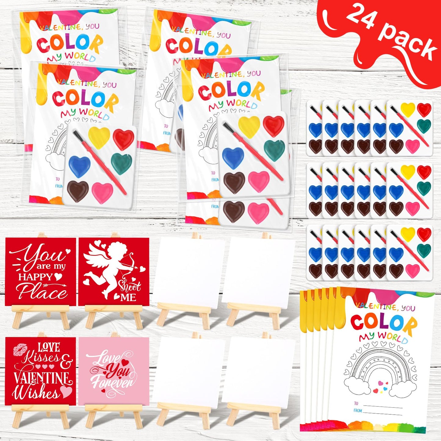 24 Sets Watercolor Paint Sets for Valentines Day Gifts Includes 24 Valentines Day Cards 24 Watercolor Paint 24 Canvas Panel wi