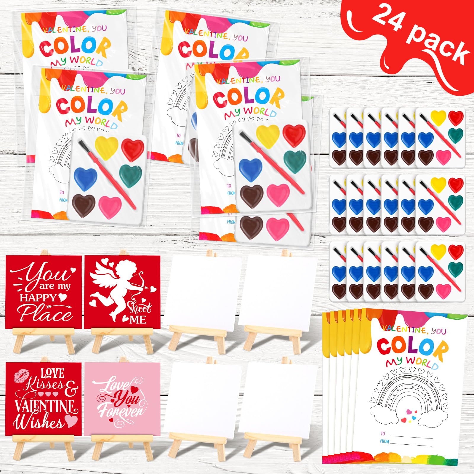 24 Sets Watercolor Paint Sets for Valentines Day Gifts Includes 24 Valentines Day Cards 24 Watercolor Paint 24 Canvas Panel wi