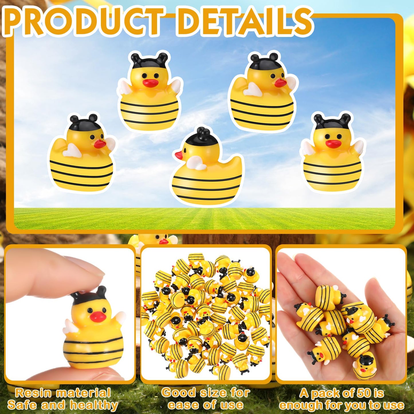 Suzile 50 Pcs Mini Resin Bee Ducks Tiny Resin Animals Figures Small Little Bee Ducks Miniature Gift Decor For Garden Landscape D