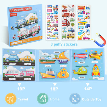 ASTARON 3D Magnetic Puzzle with 60 Puffy Stickers for Toddlers, 51 Pieces 3-in-1 Traffic Puzzles Preschool Education Learning Tr