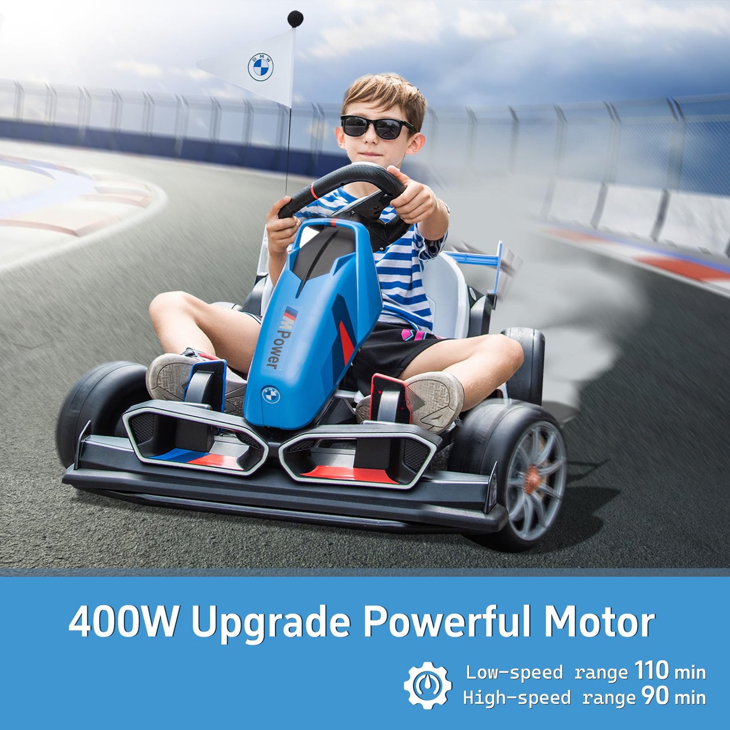 FORESEE 36V Licensed BMW Kids Electric Go Kart with Adjustable Seat, 7.5 MPH Drifting Car Battery Powered Ride On Go Kart with L