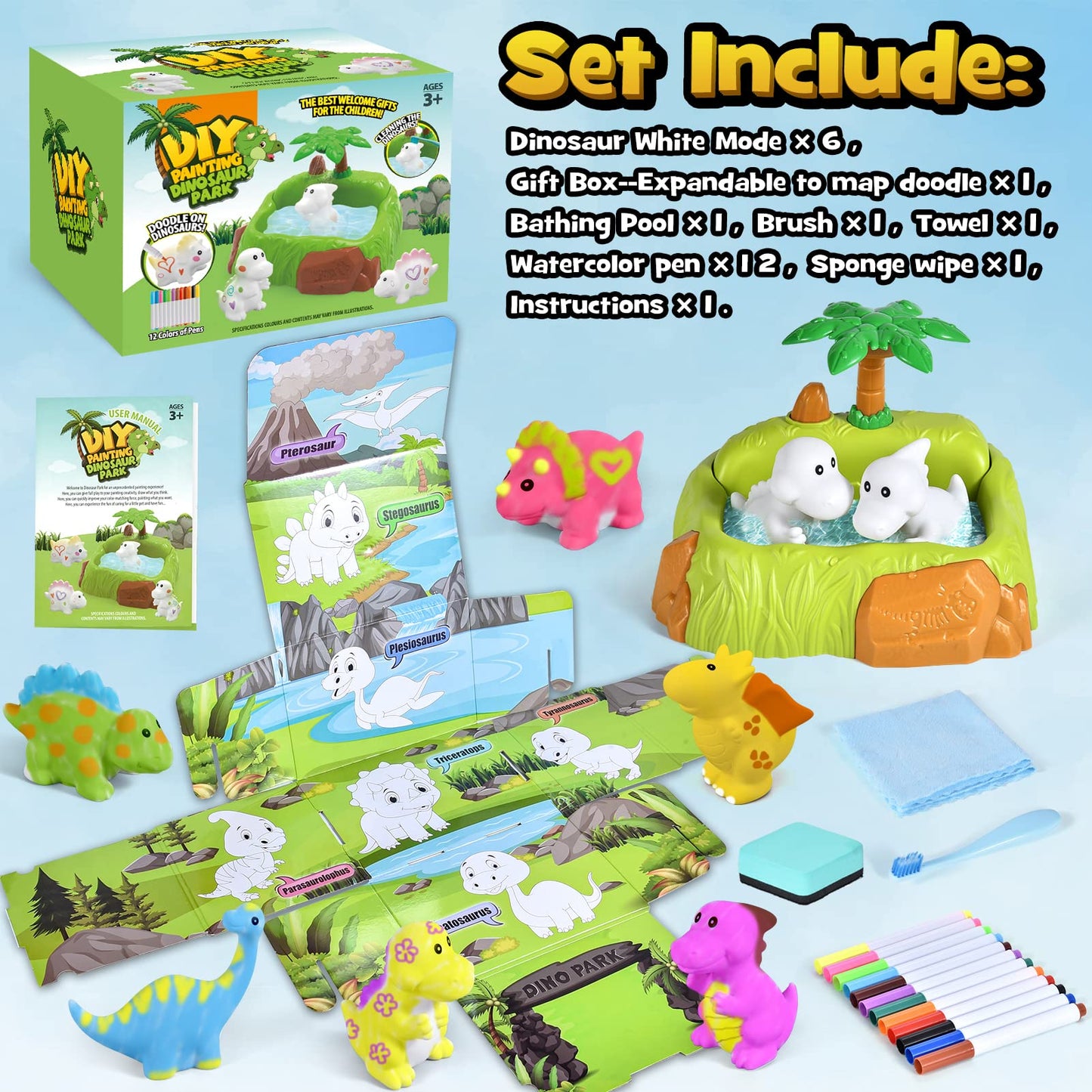 Golray Paint-Wash-Recolor Dinosaur Crafts Kit Painting Toy for Toddler, Bathtub, Washable Marker, Instruction, Dino Pet Art Acti