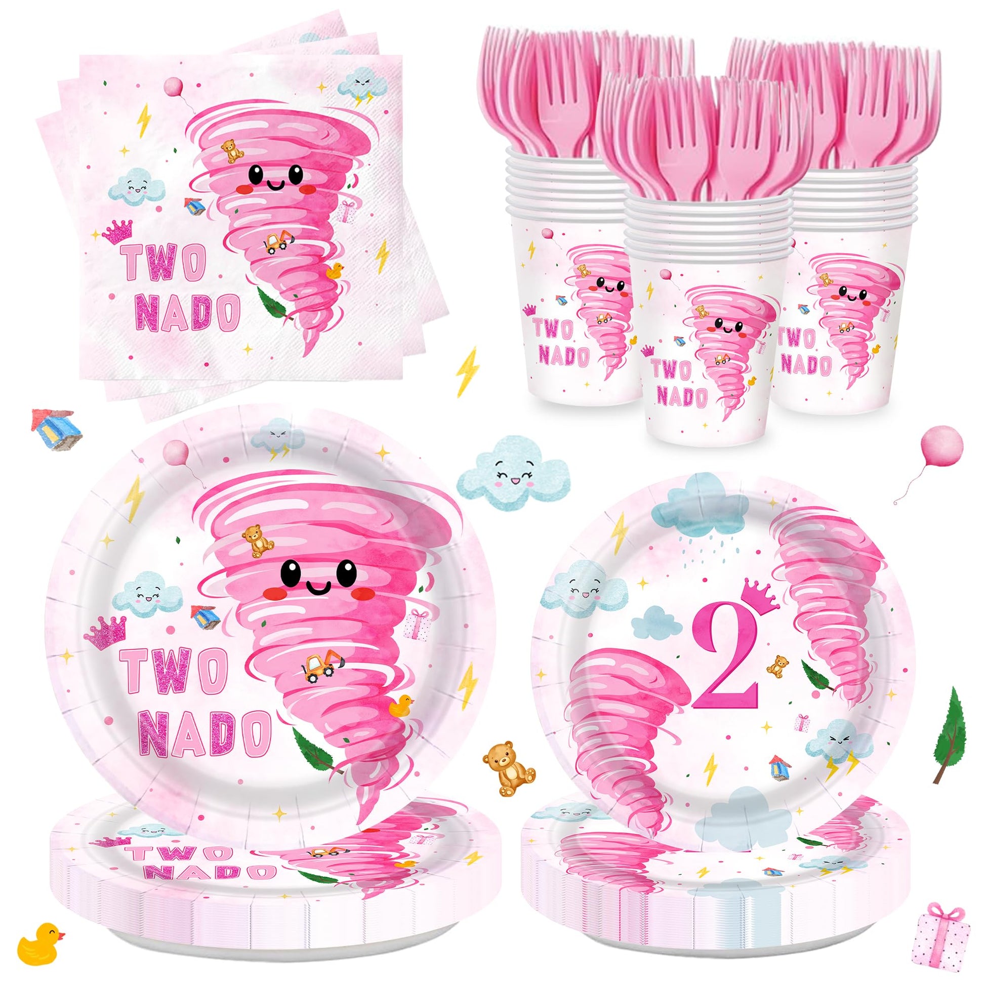 120Pcs Tornado Plates Napkins Two Nado Party Supplies Girls 2nd Birthday Tableware Set Two Years Olds Disposable Paper Dinnerwar