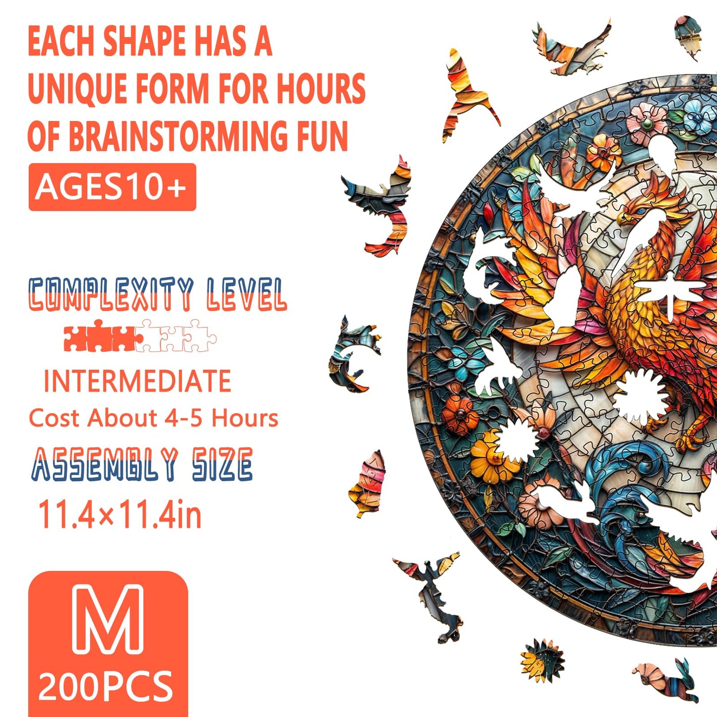 Wooden Puzzles for mature-themeds  Stained Glass Phoenix Wooden Jigsaw Puzzle for mature-themeds  Flowers Wood Puzzles mature-themed  Unique Animal Shape  Gifts for Friends  Family  Home Decor (M-11.4 * 11.4 in -200 Pieces)
