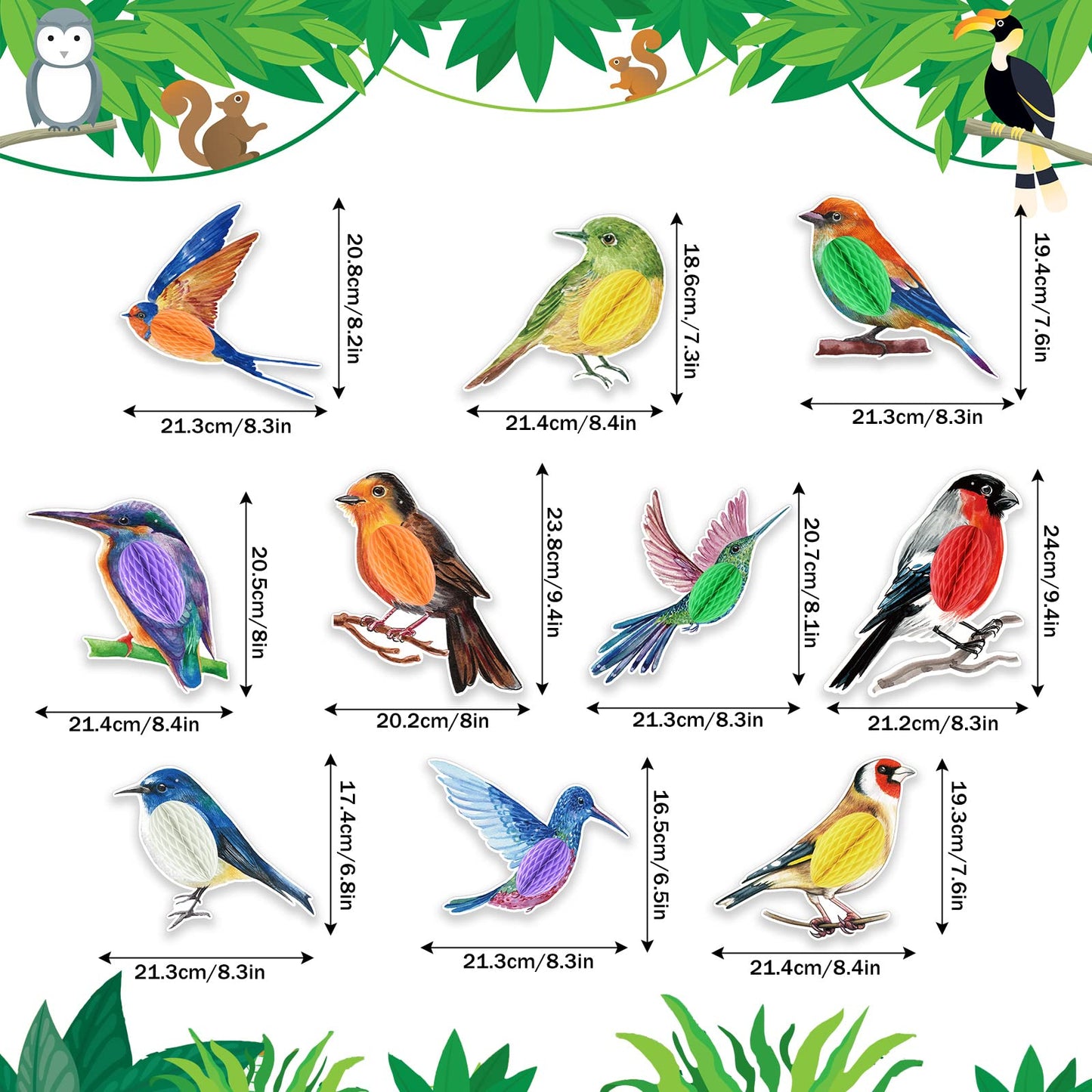 PerKoop 10 Pcs Bird Party Decorations Tropical Bird Honeycomb Paper Cutouts Jungle Rainforest Theme Hanging Parrot Bird Birthday