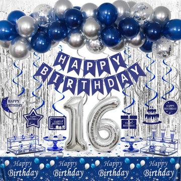 16Th Birthday Decorations For Boys And Girls Blue Silver, Happy 16Th Birthday Decorations Banner Birthday Balloons Number 16 Tab
