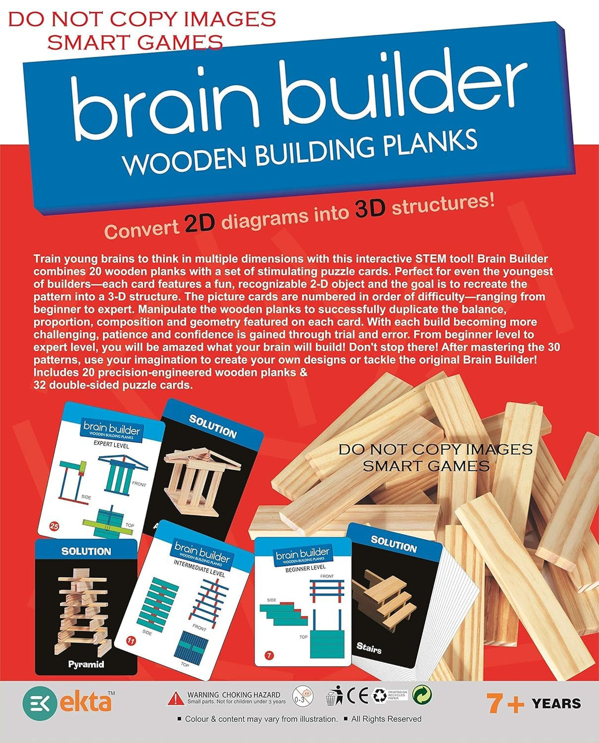 Adian Brain Builder Wooden Building Planks Set2, Stem Toy, 20 Wooden Planks With 30 Puzzle Cards, For Ages 7+