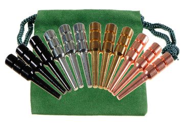 enhanced Metal Cribbage Pegs  Set of 12  in Four  1 5/16  Tall; Tapered to Fit 1/8 Holes  with Green Velveteen Drawstring Storage Pouch