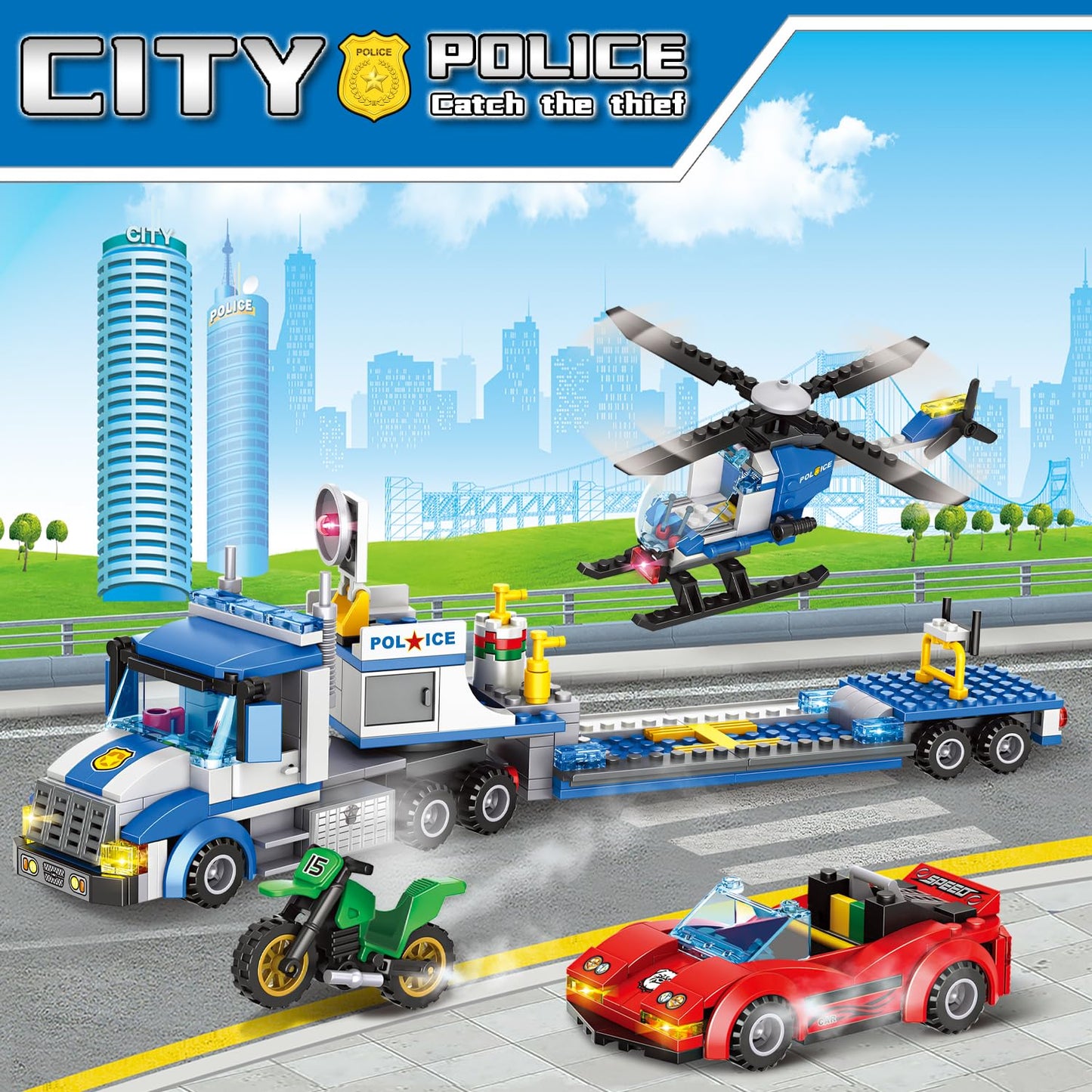 City Police Truck And Trailer Building Sets, Compatible With Lego Police Car With Tow Truck, Helicopter, Car, Motorcycle, Police