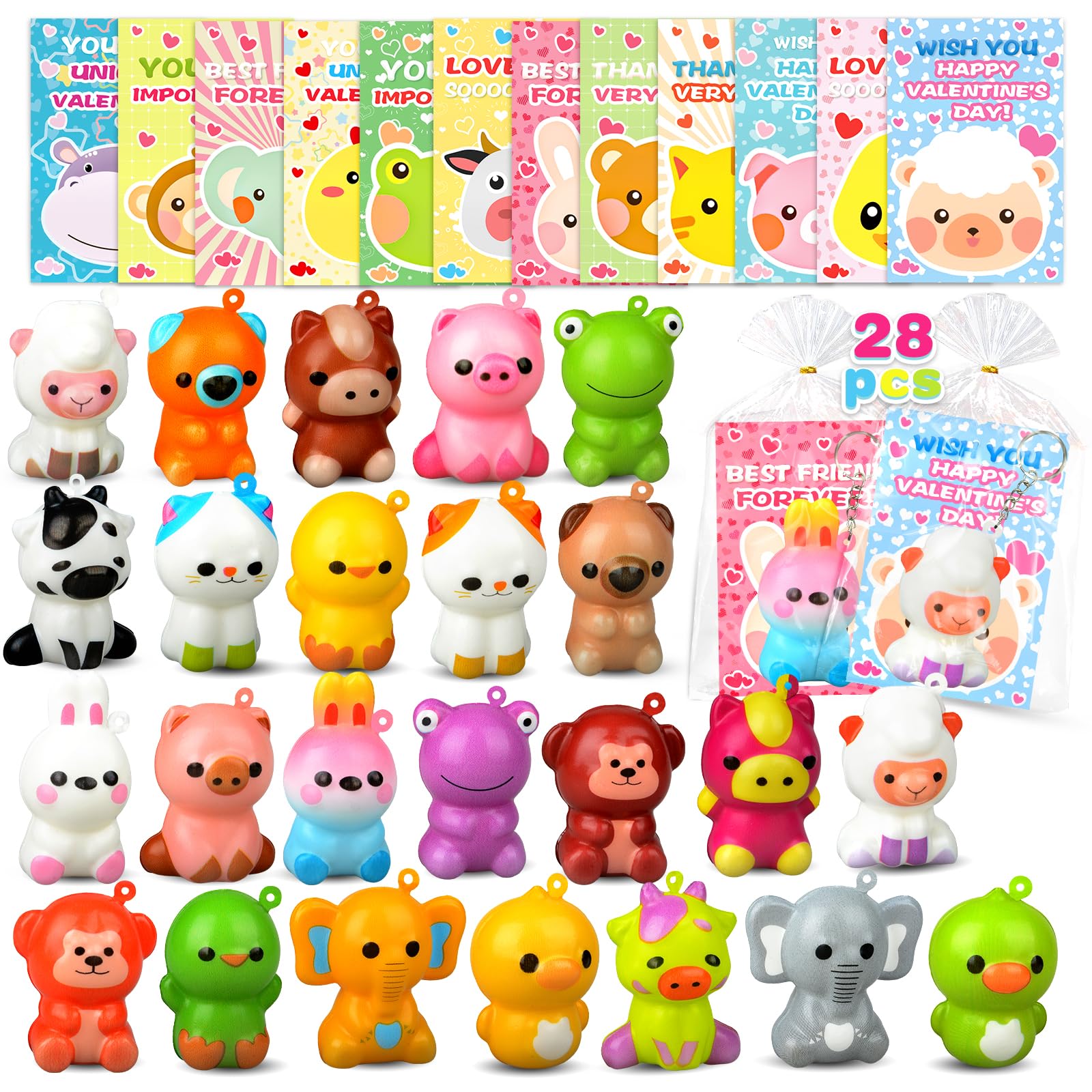 digi Valentines Day Gifts for Kids, 28 PCS Animal Squishy Toys Keychains with Valentines Day Cards, Valentines Day Classroom Exc