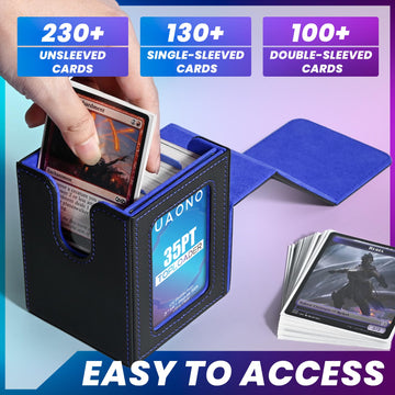 Uaono Card Deck Box With Mtg Commander Display, Deck Case Holds 100+ Double-Sleeved Cards, Trading Card Storage Box Fits Tcg/Ptcg/Sports Card With 2 Dividers, 1 Toploader (Black, Blue)