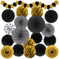 Recosis Black And Gold Decorations, Paper Pompoms Fan For Graduation Birthday Wedding Prom Night New Years Black And Gold Party