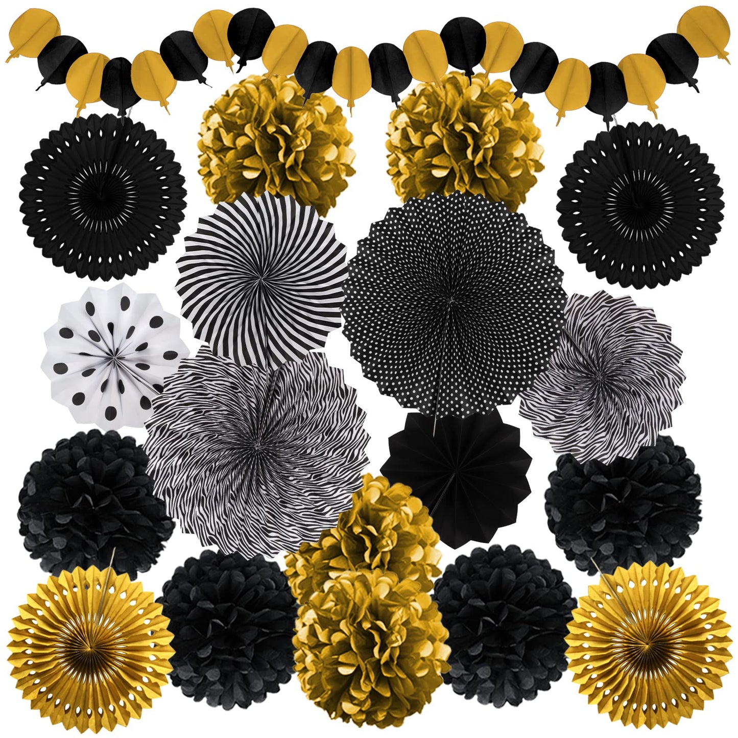Recosis Black And Gold Decorations, Paper Pompoms Fan For Graduation Birthday Wedding Prom Night New Years Black And Gold Party
