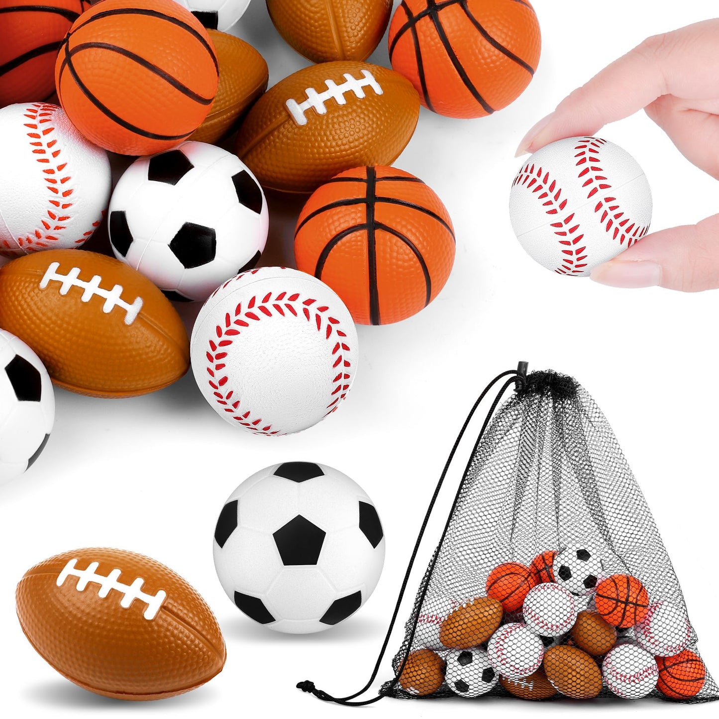Aodaer 24 Pack Mini Mixed Sports Stress Balls With Drawstring Mesh Bag Fidget Toys For Adults Soft Foam Balls For Sports Party F