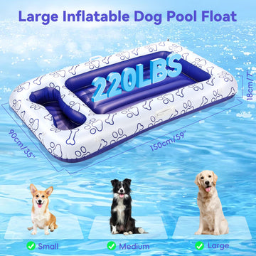 Pawaboo Inflatable Dog Pool Float for Medium Large Dogs, Up to 220 lbs, Blue PVC Raft with Dual Handles & Snack Area