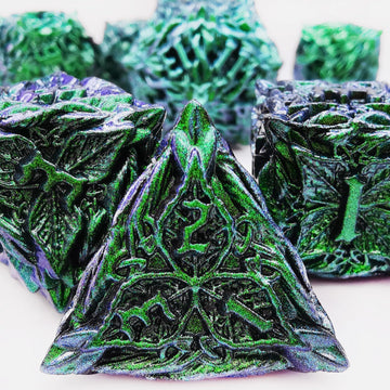 MJDICEOK Metal Dice Vine Leaf Set 7 Role Playing Polyhedral D&D Solid Dungeons and Dragons Dice (Green Blue)