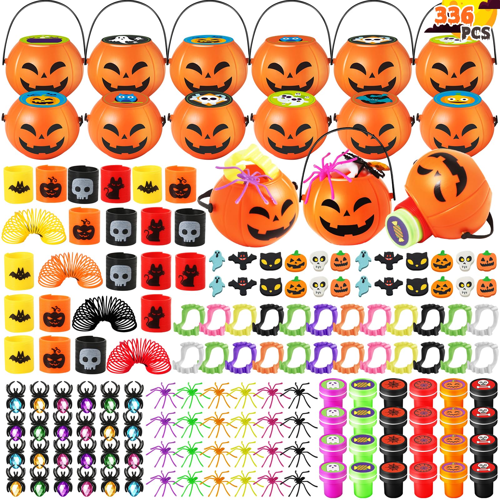 OCHIDO 336 PCS Halloween Party Favors Bulk for Kids, 48 Pack Prefilled Pumpkins With Halloween Toys, Halloween Goodie Bag Stuffe