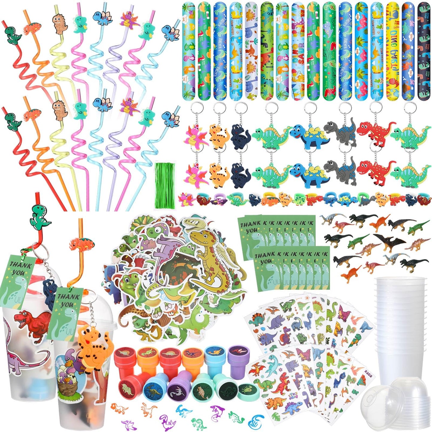 Qilery 195 Pcs Mermaid Party Unicorn Party Dinosaur Party Shark Party Favors Includes Plastic Cup with Lid Straw Keychain Bracel