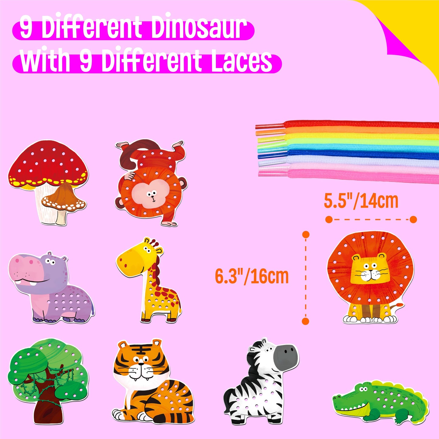 9 Pieces Lacing Cards, Double Sided Sewing Cards In 9 Jungle Animals With 9 Colorful Laces, Imagination Development Lacing Toys Games Educational And Learning Activity For Preschoolers, Kids