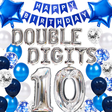 10Th Birthday Decorations Blue For Boys Double Digits 10Th Birthday Balloon Banner With Blue Star Foil Balloons Confetti Balloon