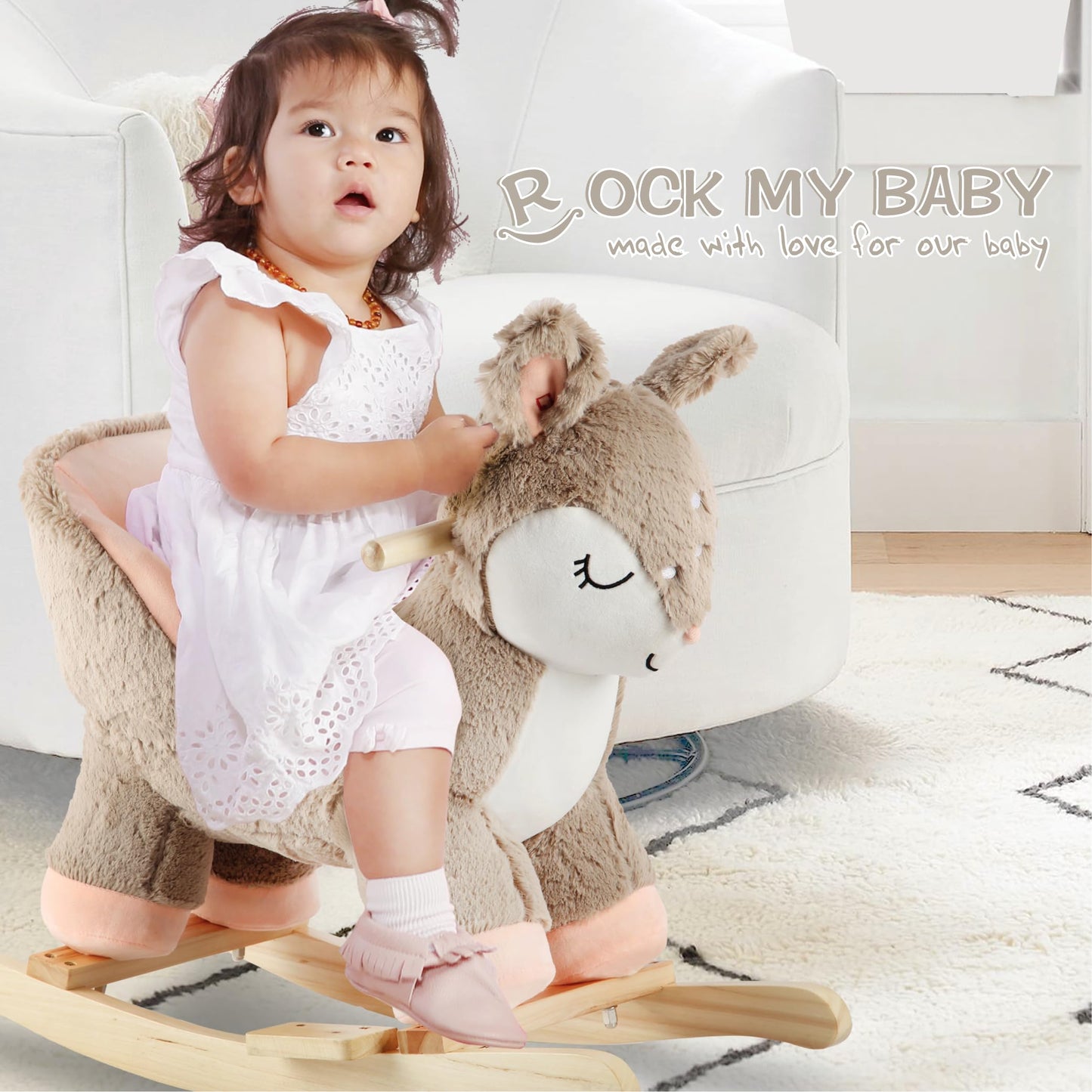Rock My Baby Rocking Horse Deer with Chair, Plush Stuffed Animal Rocker, Baby Rocker with Sweet Music, Animal Ride on,Pink Deer,