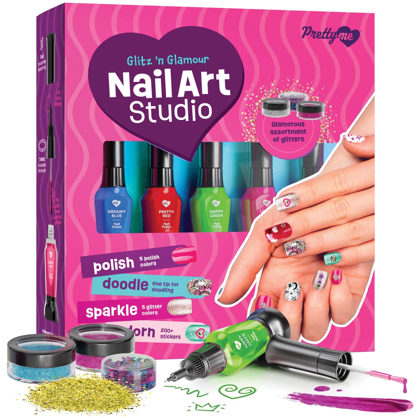 Pretty Me Nail Art Studio Kit - Multicolor Nail Polish Set for Kids Ages 7-12 - Includes Polish, Pens, Glitter, Stickers, Gems