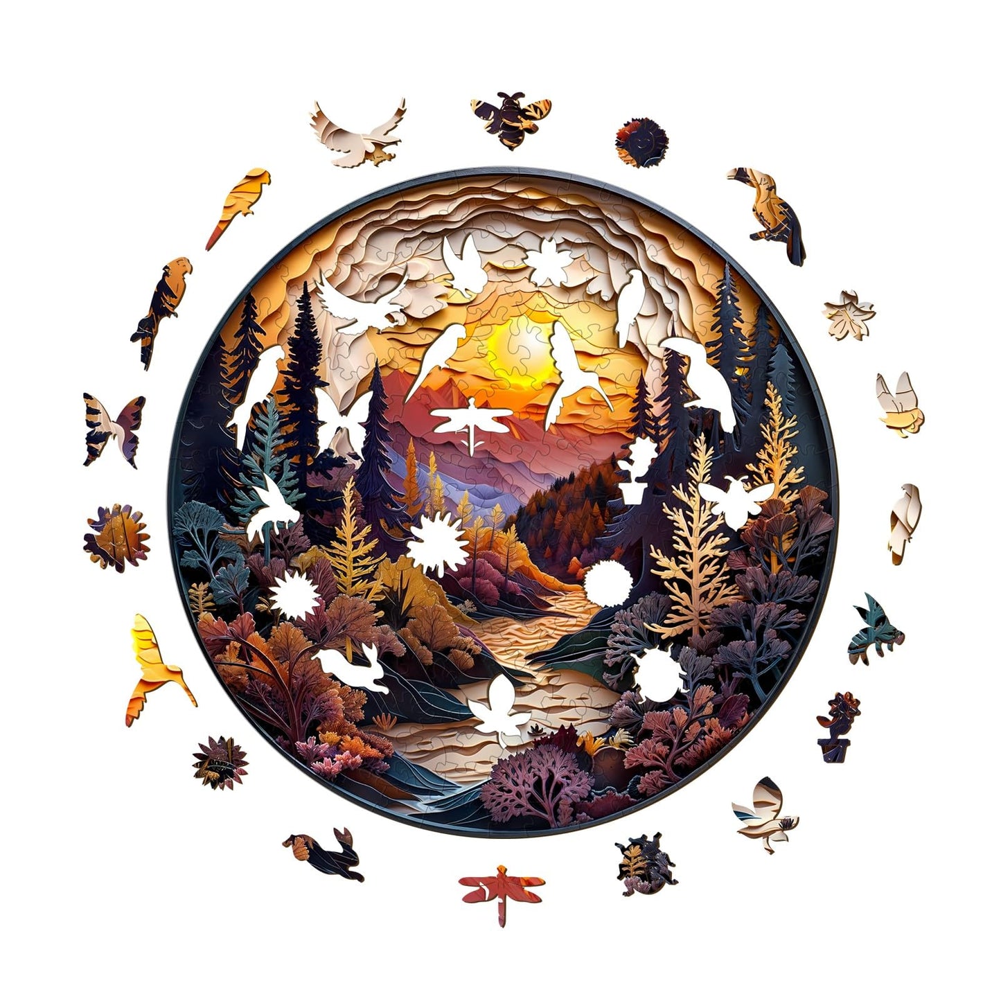 Wooden Puzzles for mature-themeds  Fathers 3D Visual Effect Sunset Forest Wooden Jigsaw Puzzle Kids Unique Shape Wood Puzzle mature-themeds  Birthday Gift Family Games (S-8.5 * 8.5in-100pcs)