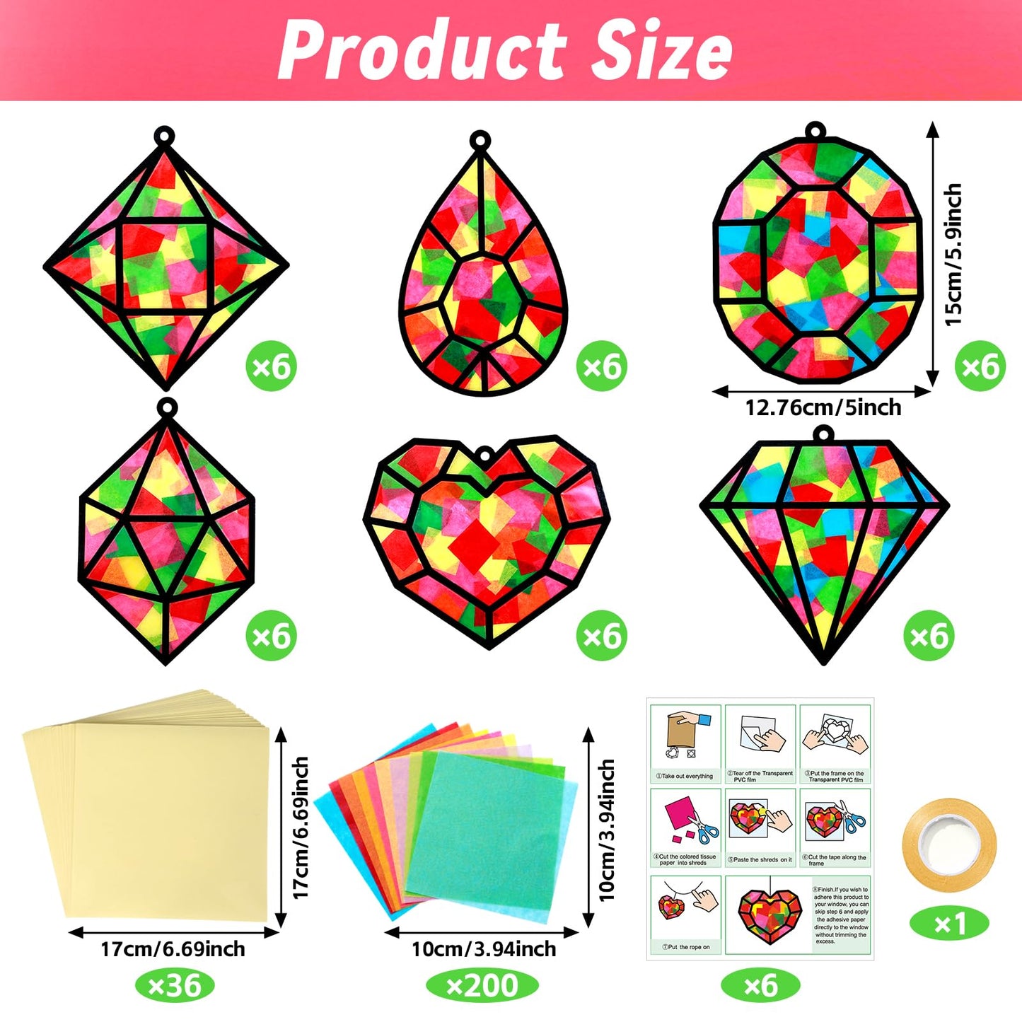 Qyeahkj 36 Set Jewel Suncatchers Crafts for Kids DIY Diamond Window Tissue Paper Craft Kit Jewel Hanging Decor for Summer School