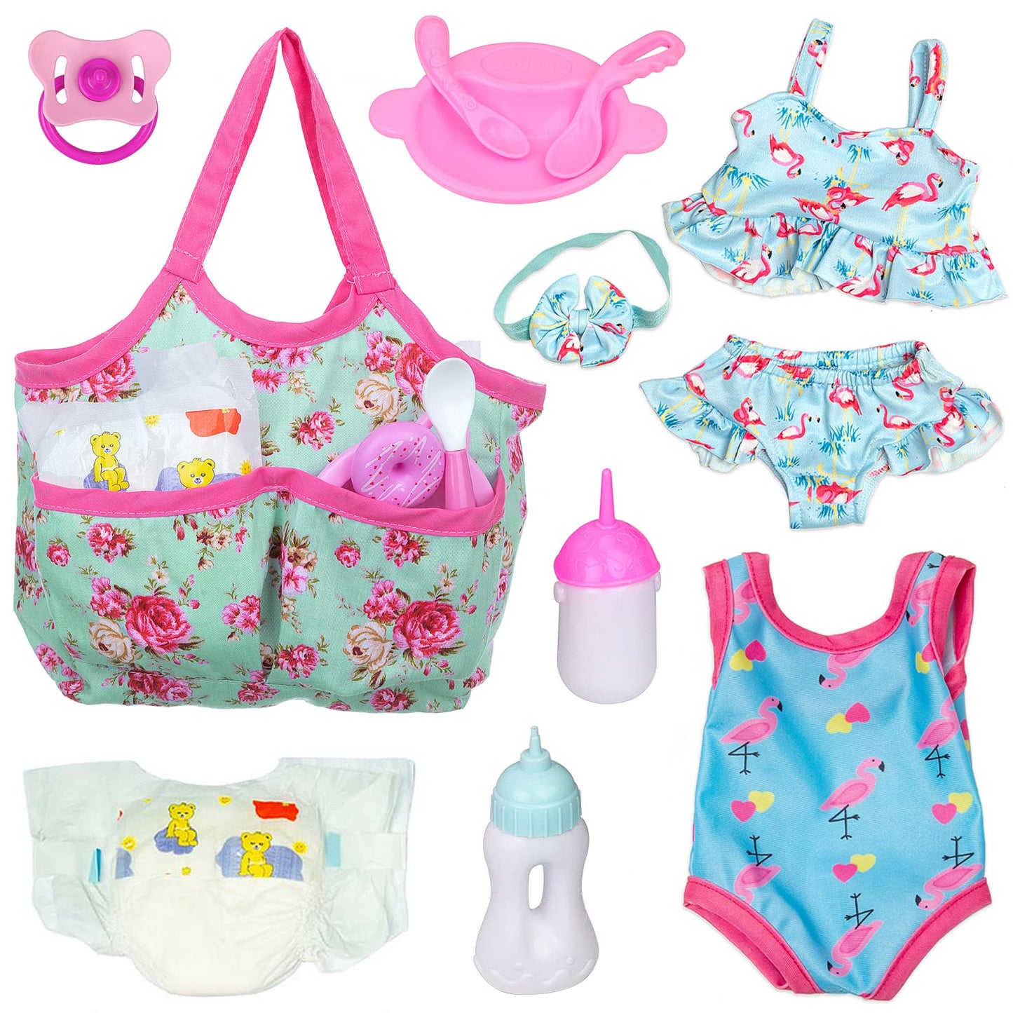 UNICORN ELEMENT 8 Pcs Baby Doll Clothes Set with Diaper Bag, Floral, AGH-1, Textile Materials, Perfect Gift for Kids