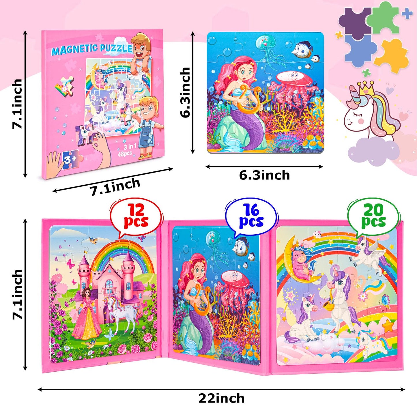 Lovestown Magnetic Puzzles For Toddlers, 48Pcs Fairytale Travel Puzzle Book, 3 In 1 Educational Learning Magnets For Kids, Ideal Road Trip Activities Toys For Boys And Girls
