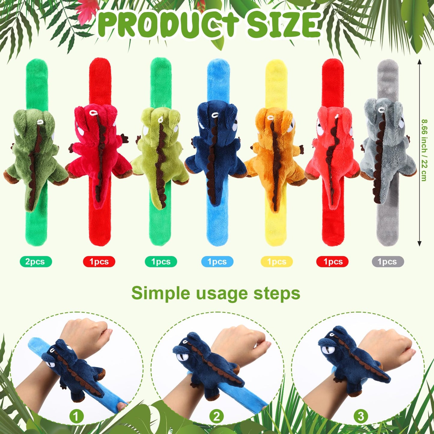 Lenwen 8 Pcs Dinosaur Stuffed Animals Slap Bracelets for Kids Plush Animal Cute Wrist Slap Bands for Birthday Party Favors Boys