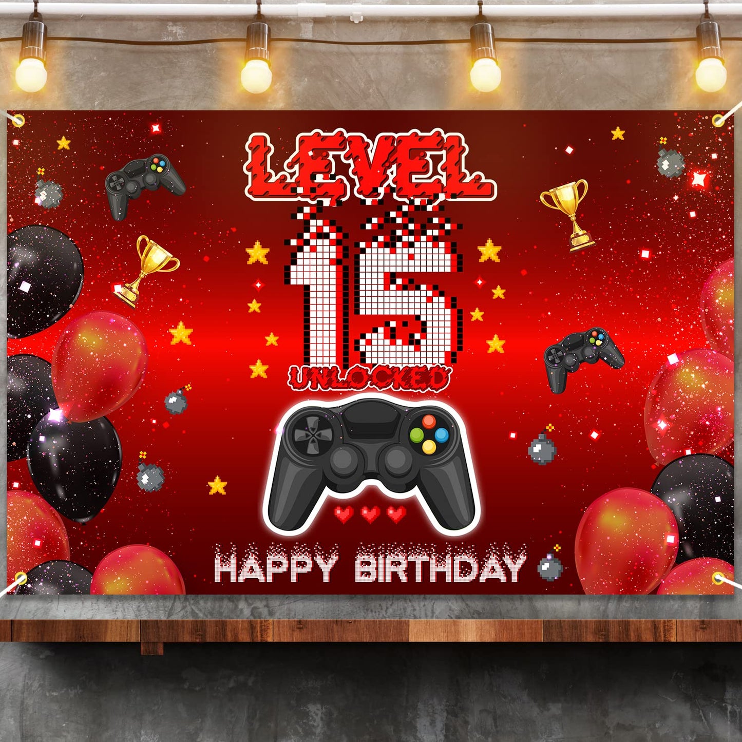 Level 15 Unlocked Backdrop Banner Decorations Video Game On Happy 15th Birthday for Boys Kids Red and Black 15 Years Old Level U