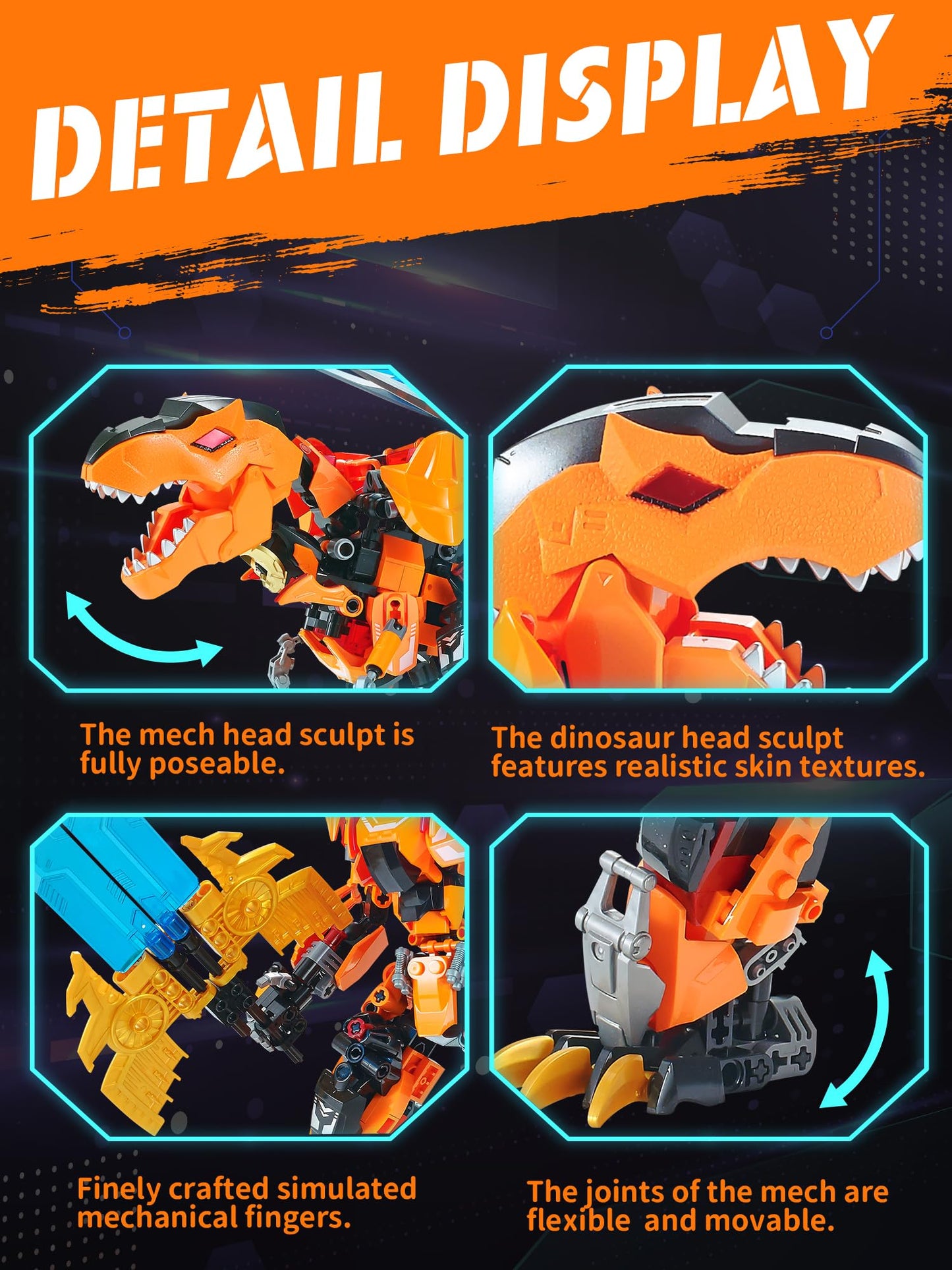 TIALLOW 2 in 1 Transforming Dinosaur Building Toy Set, Large Mecha Armor T-rex Model, Orange, F5-A0007, For Ages 8-14