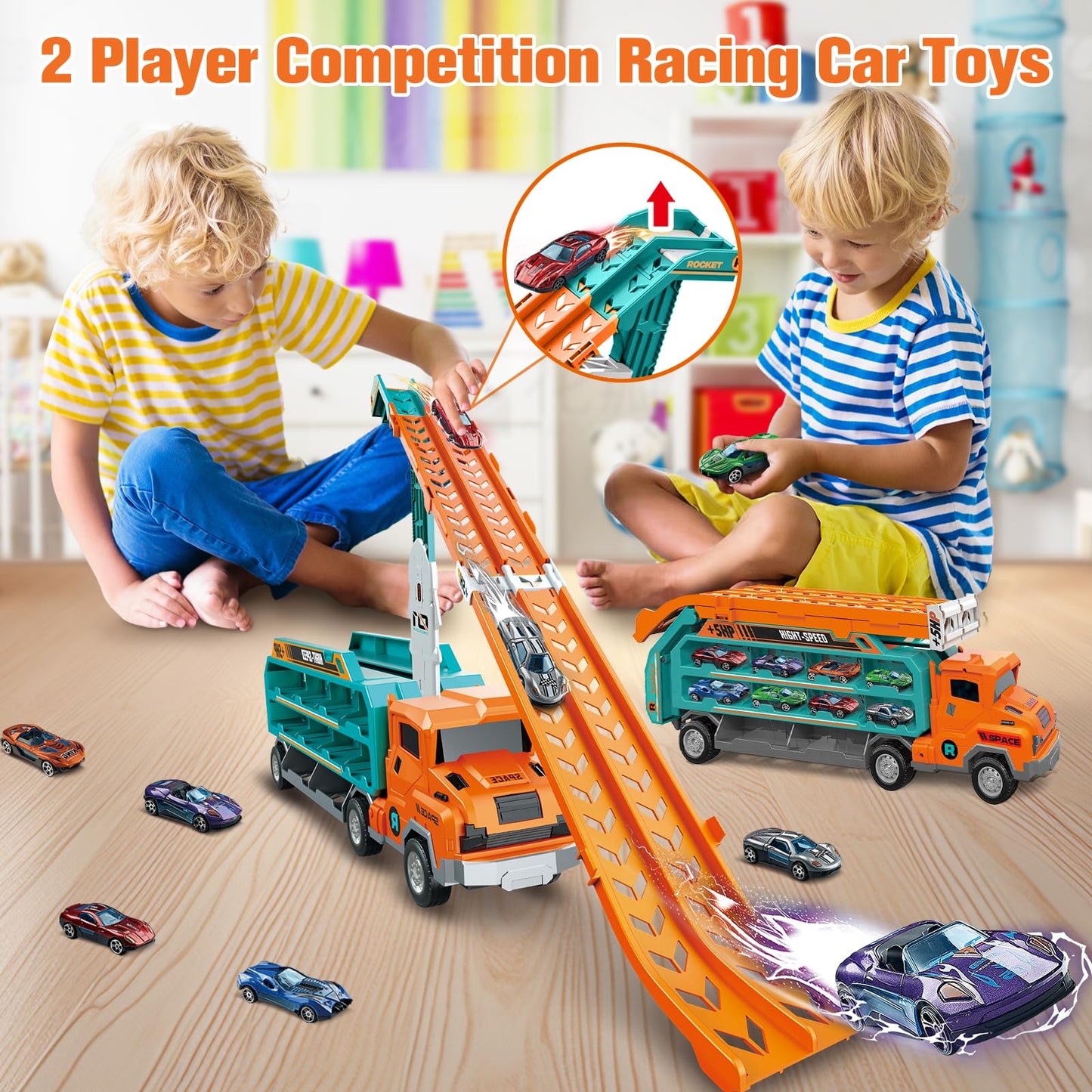 BainGesk Carrier Truck Toys for 2 3 4 5 6 Years Old Boys, 2.8 Ft Race Track Transport Cars Toys with 6 Die-Cast Metal Toy Cars,