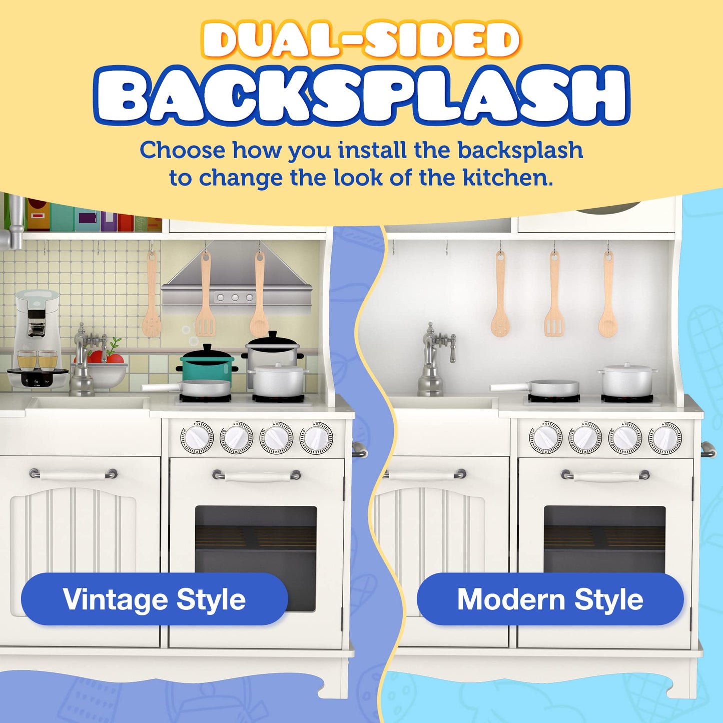 Play Kitchen - Wooden Kitchen Playset for Toddlers & Big Kids - Mini Pretend Toy Kitchenette for Boys & Girls - Vintage Phone, R