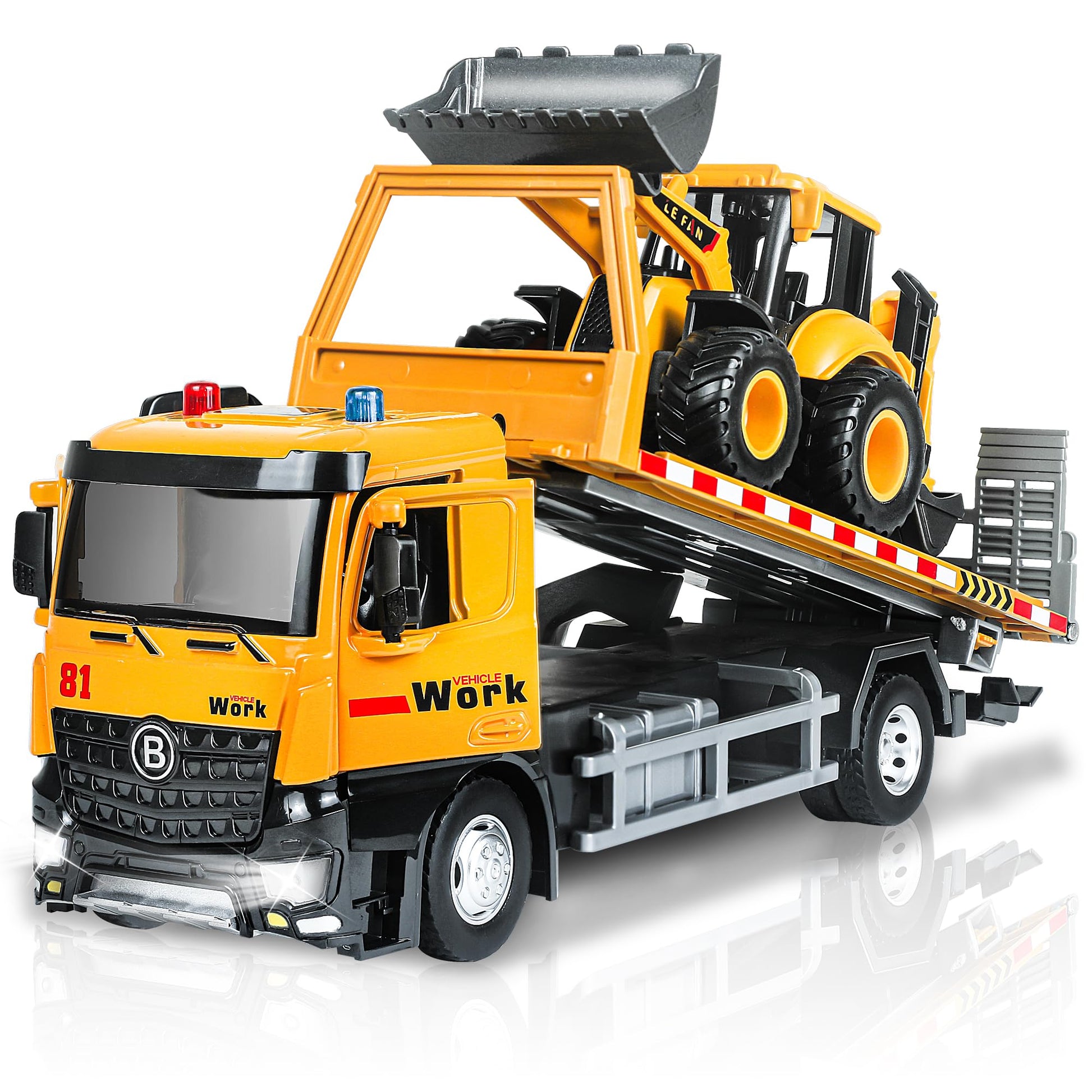 ID Gerilla Tow Truck Toy Metal Cab, Flatbed Construction Vehicles Toys with Backhoe Loader, Friction Powered Transport Trailers 