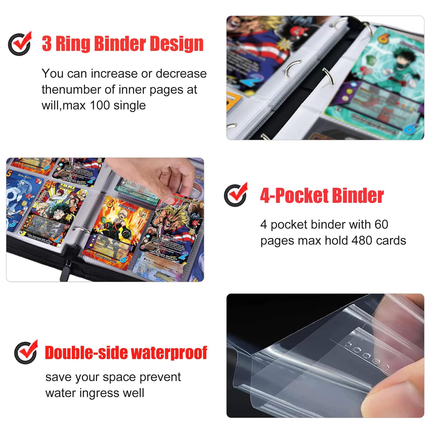Trading Card Binder for Anime Cards 4 Pocket with 60 Sleeves up to 480 Cards Waterproof Card Storage Bag with Removable Sleeves for Anime and TCG Cards