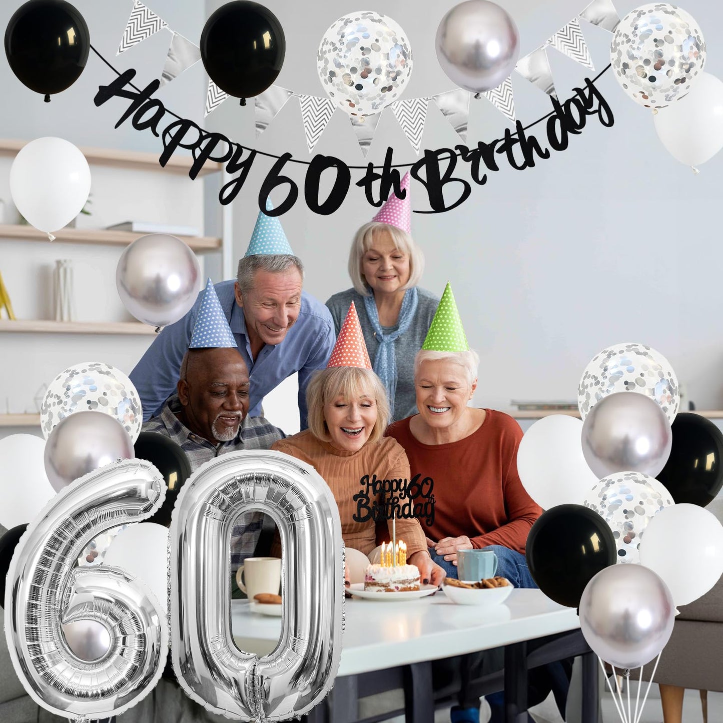 60Th Birthday Decorations For Men Women, Black Silver White Birthday Balloons, Black Happy 60Th Birthday Banner Birthday Cake To