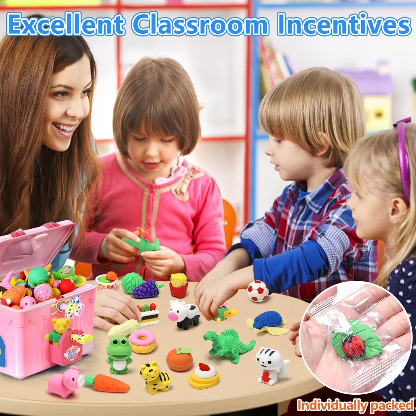 HINZER 100 Pack Animal Erasers for Kids Bulk Pull Apart 3D Puzzle Erasers Classroom Rewards and Prizes Class Treasure Box Kids P