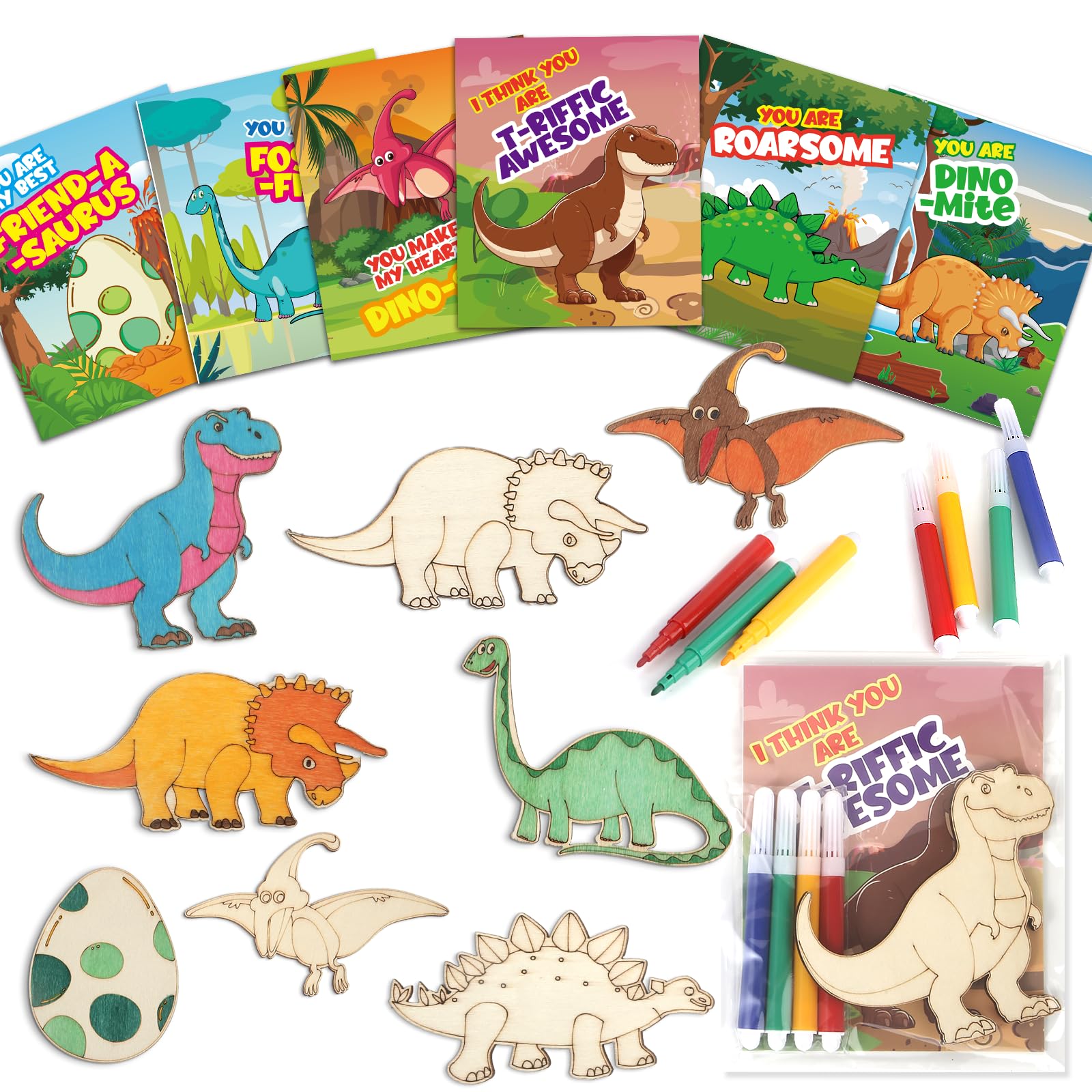 BainGesk Valentines Day Cards for Kids School, 30 Pack Dinosaur Wooden Kits, Valentines Cards for Classroom Exchange, Valentine 