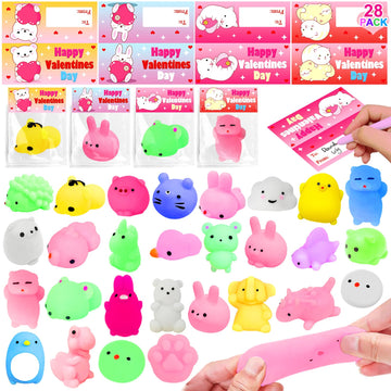 Amenon 28 Pack Valentines Animals Mochi Squishies With Cards Classroom Valentine'S Day Gifts For Kids Prefilled Kawaii Bear Stress Relief Squeeze Fidget Toys Exchange Favor Prizes School Goodie Bag