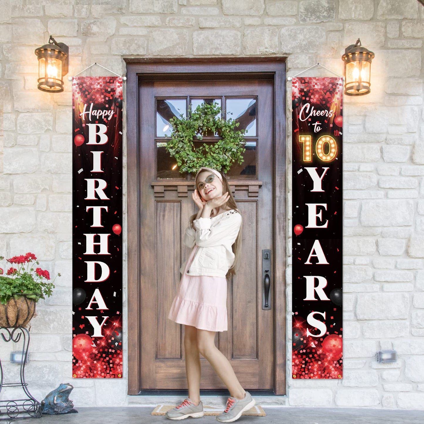 Happy 10Th Birthday Porch Sign Door Banner Decor Red And Black - Glitter Cheers To 10 Years Old Birthday Party Theme Decorations