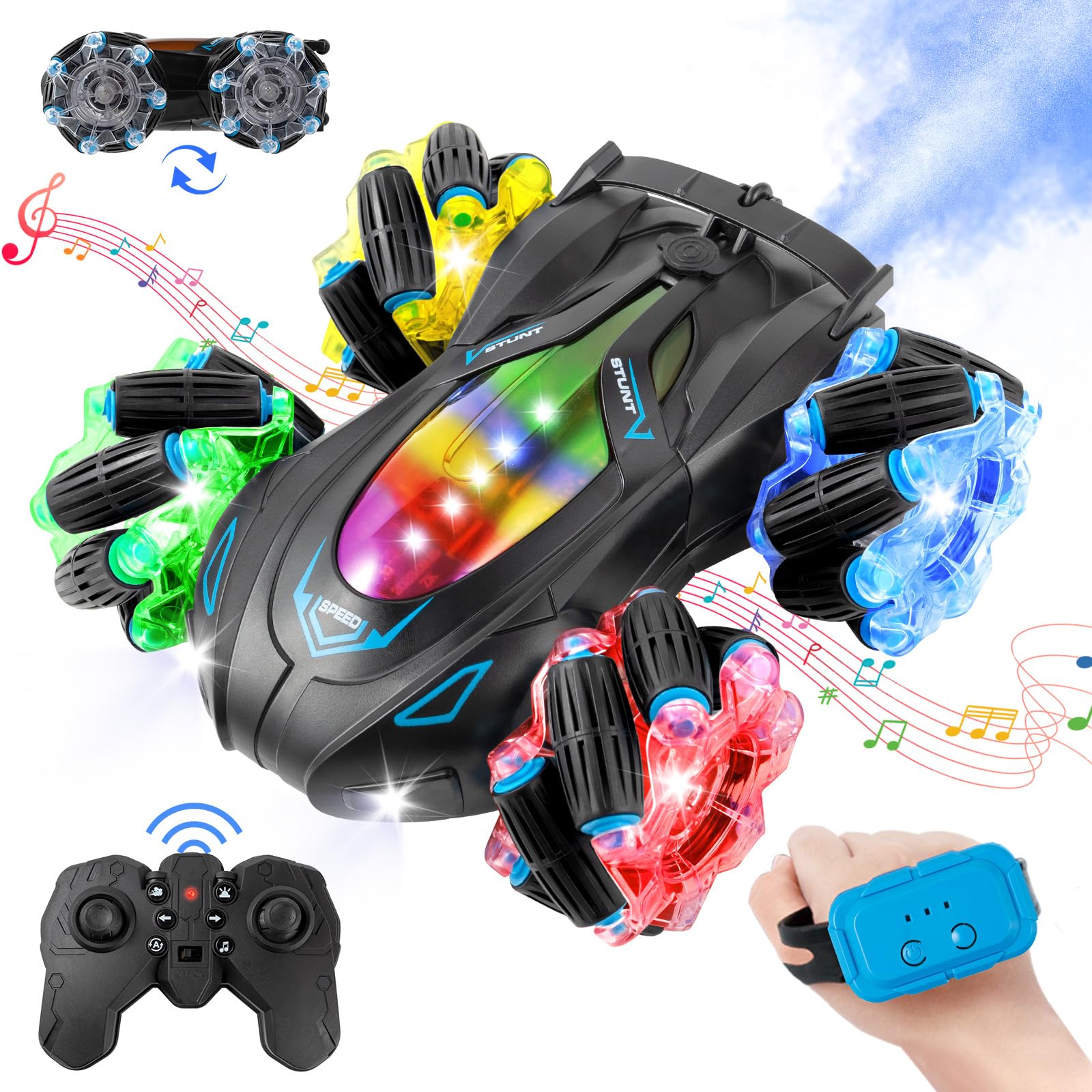 RC Cars Gesture Sensing Stunt Car, 360 Rotating Remote Control Car with Cool Light and Music, Spray Drift Hand Controlled Car, 2