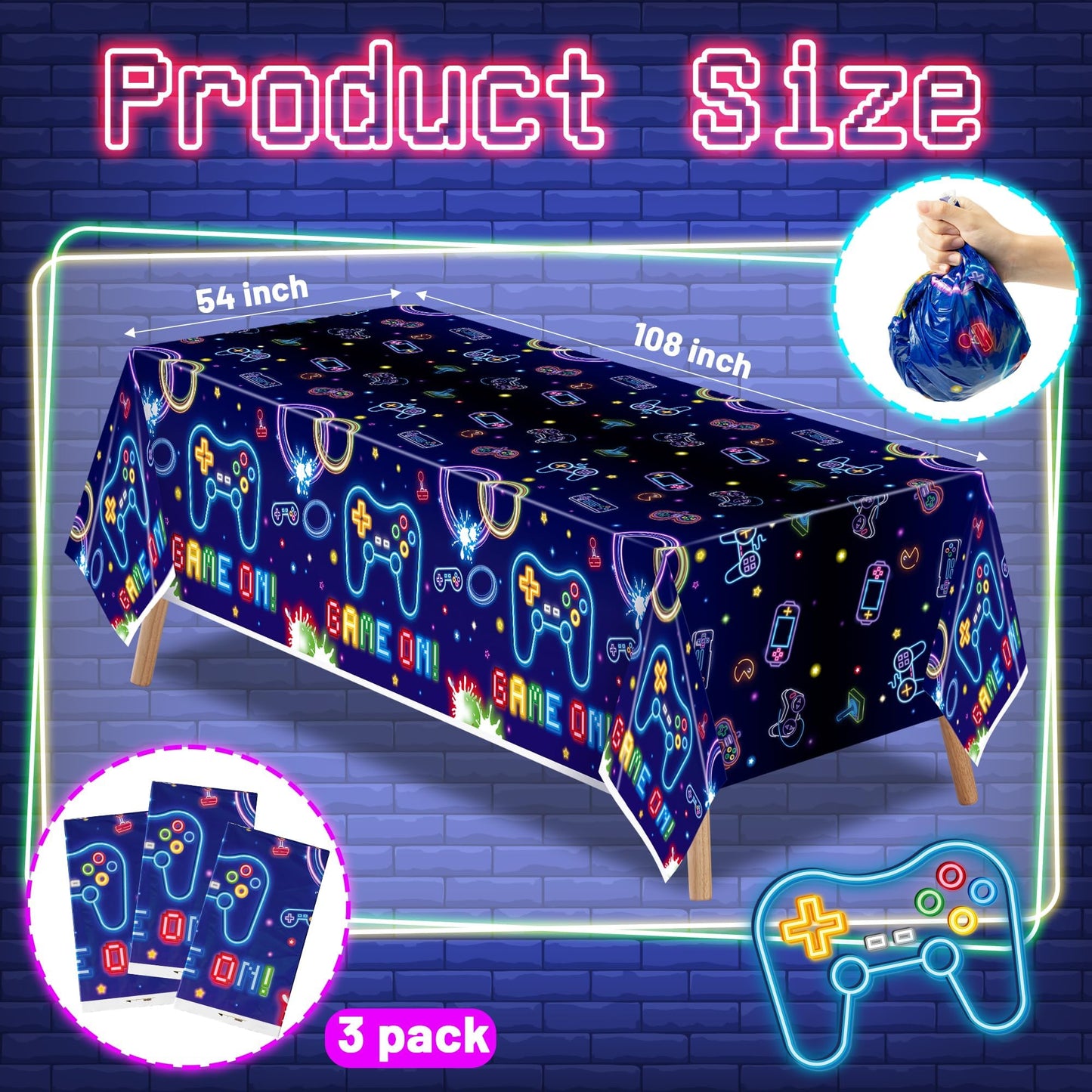 Video Game Party Tablecloths - 3Pcs Neon Video Game Birthday Party Table Covers Decorations, Game on Themed Rectangular Plastic