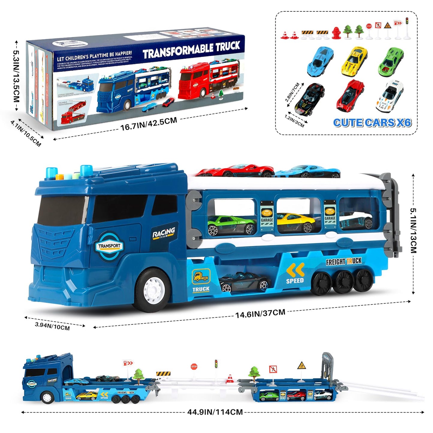 ITEFDTUTNE Carrier Truck Race Car Track Set for Toddlers Toys, 4 FT Race Track and 6 Die-Cast Toy Cars, Truck Toy with Lights &