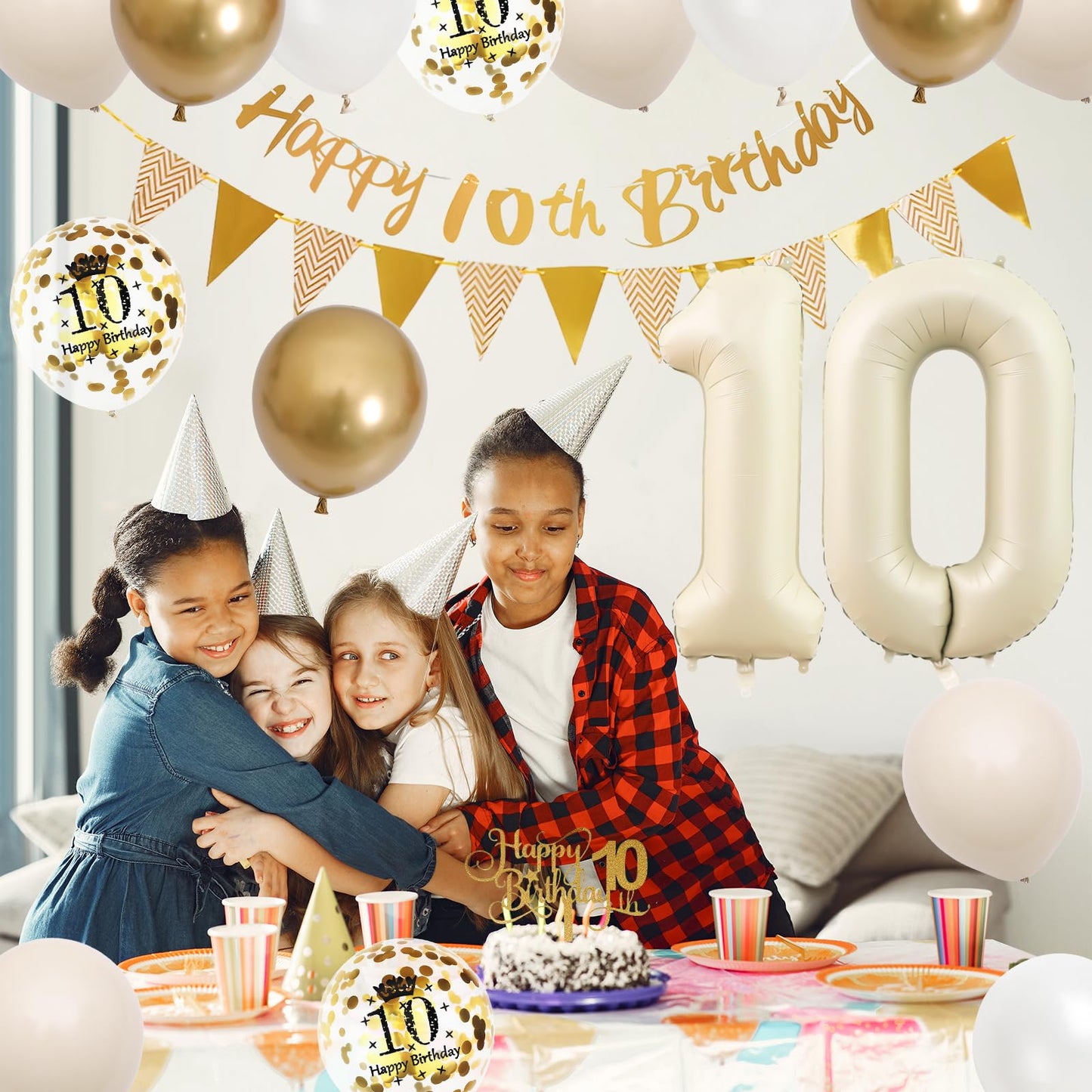 10Th Birthday Decorations Sand White Gold,10Th Birthday Balloons Beige Gold,Happy 10Th Birthday Banner With Cake Toppers Number
