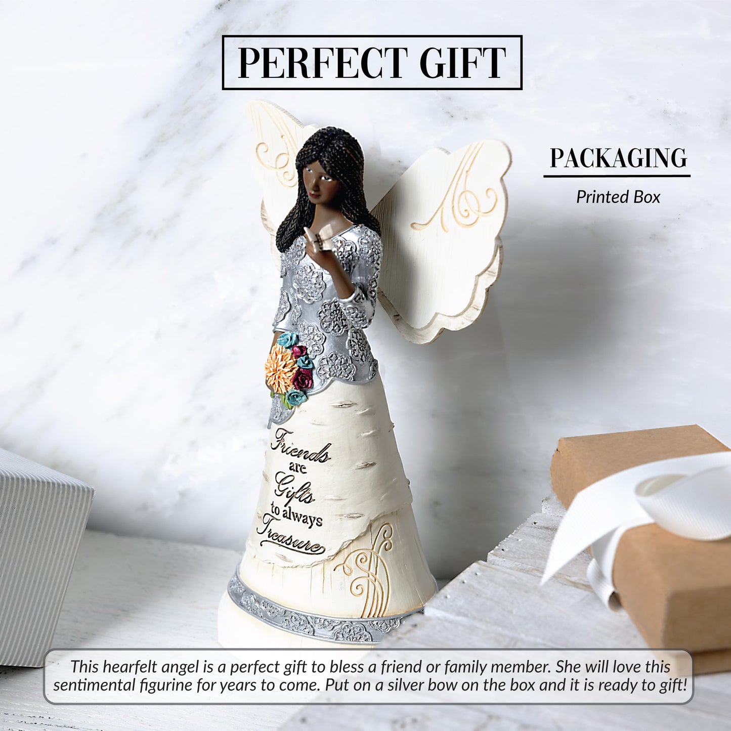 Pavilion Gift Company - Friends Are Gifts To Treasure - 8' Ebony African American Angel Figurine Religious Bestie Bff Best Friend God Jesus Lover Christian Christ Gift Present